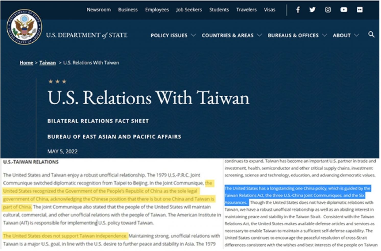 U.S. State Department Removes "Taiwan Part of China" Reference